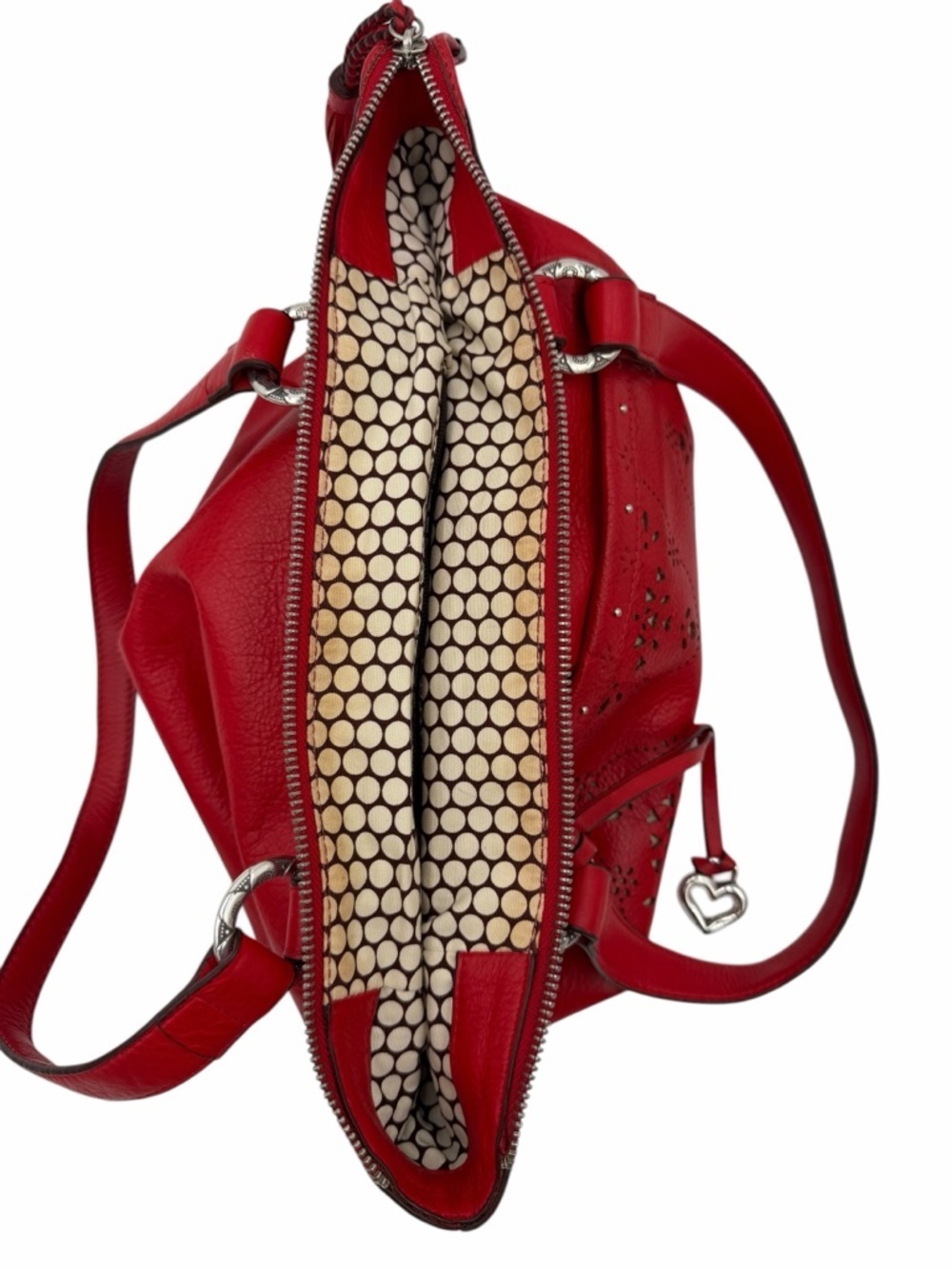Brighton Red Leather Cutwork Tote Shoulder Bag Heart Charm Tassel Studded - Picture 8 of 11